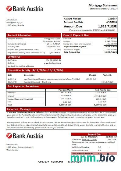 Austria Bank Austria wyciąg z kredytu hipotecznego szablon Word i PDF